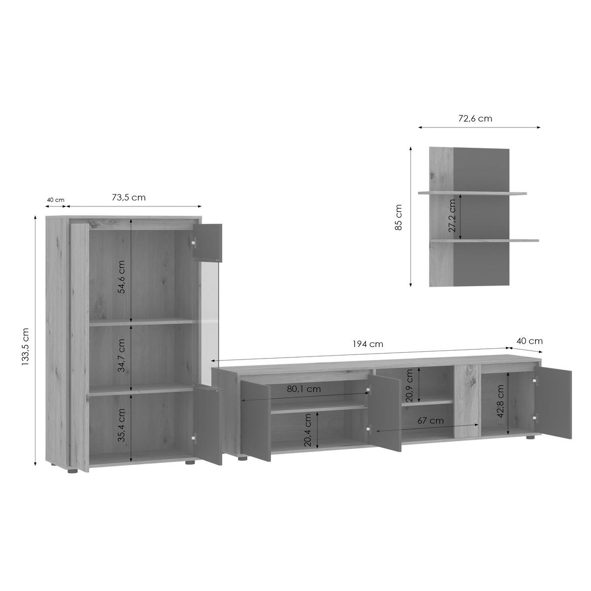 Wohnwand Caneva Eiche Artisan/Kaschmir B:267cm - Kaschmir/Eiche Artisan, MODERN, Glas/Holzwerkstoff (267,5/135/40cm) - Modern Living