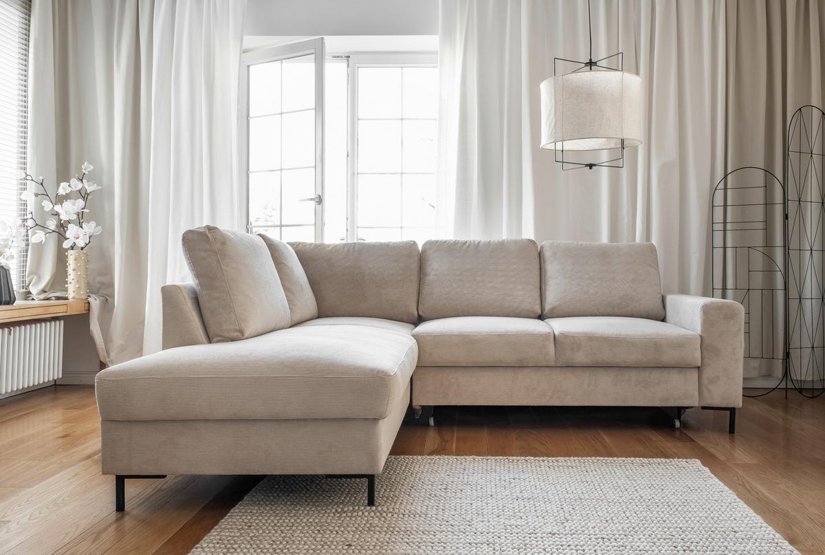 Sedačka LEONIE L, ľavá, béžový menčester - čierna/béžová, Design, kov/drevo (197/237cm)