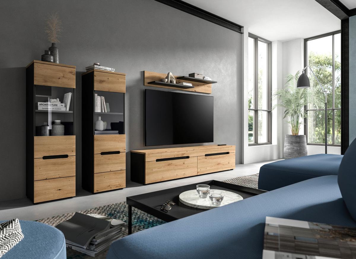 Wohnwand Canu Eiche Artisan Dekor B: 272cm - Schwarz/Eiche Artisan, Design, Holzwerkstoff (272/141/33cm) - Livetastic