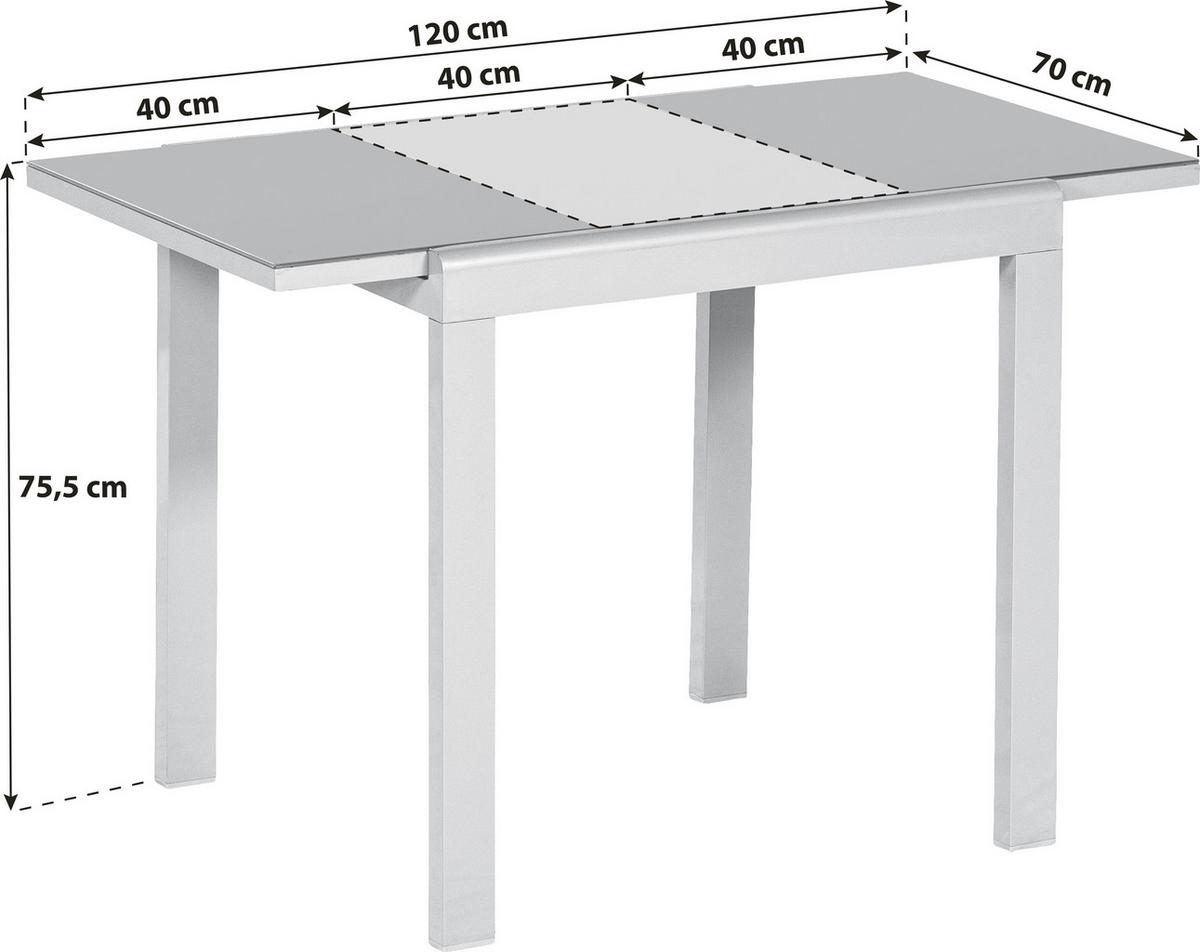 Gartentisch ausziehbar Semi Metall/Glas L: 80-120 cm - Silberfarben, KONVENTIONELL, Glas/Metall (80-120/70/75,5cm) - Gardenson
