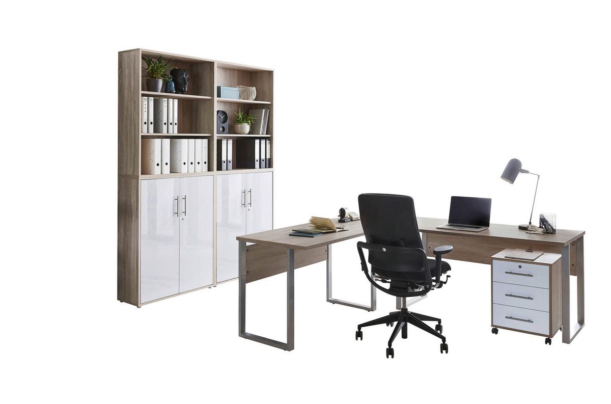 Büro Office Edition Eiche Dekor/Weiß - Weiß Hochglanz/Sonoma Eiche, MODERN, Holzwerkstoff/Metall - MID.YOU