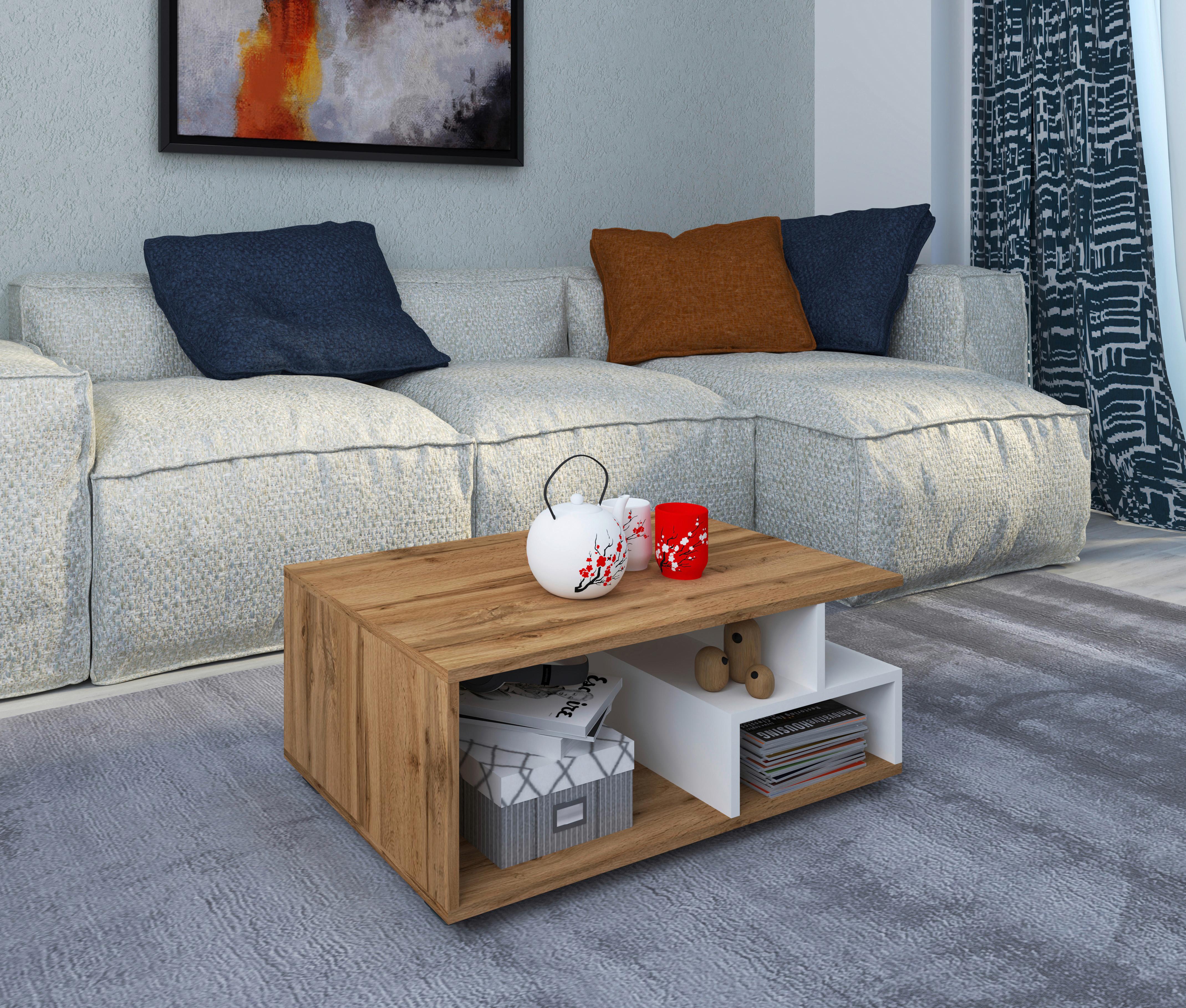 Konferenčný stolík Sulas 80x50 cm, dub medový - čierna/biela, Modern, kompozitné drevo/plast (80/40/50cm) - MID.YOU
