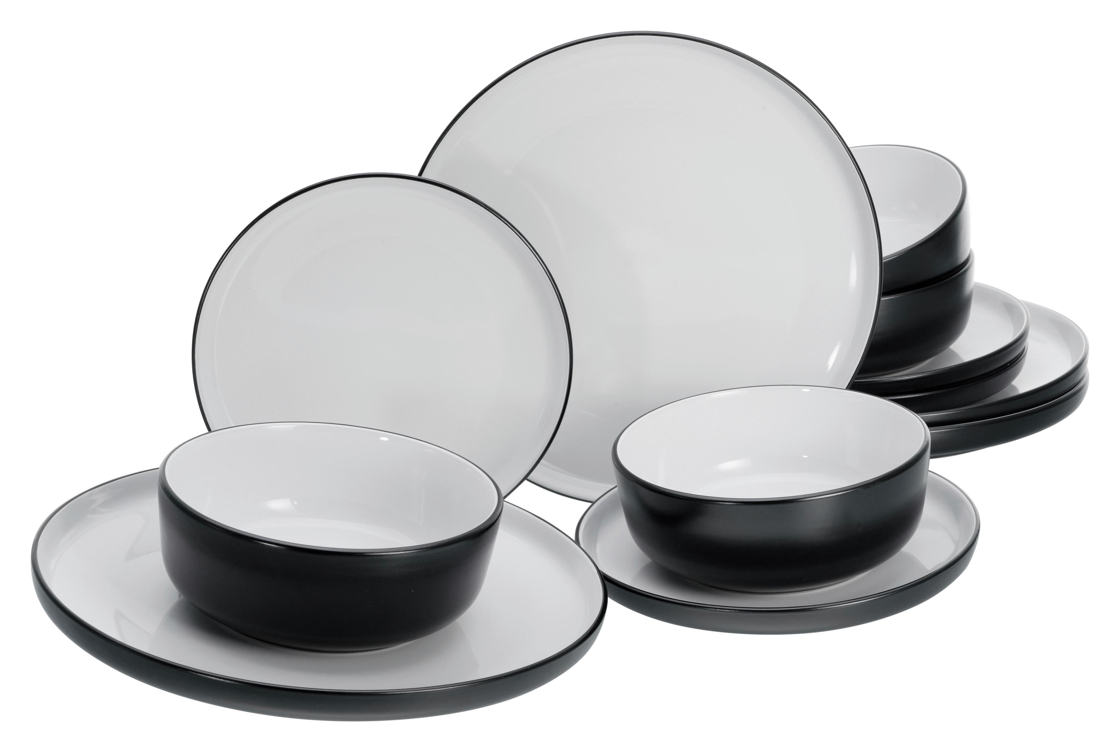 Tafelservice Nordic Cool Black Schwarz, Grauweiß 12--Teilig - Grauweiß/Schwarz, Basics, Keramik - Creatable