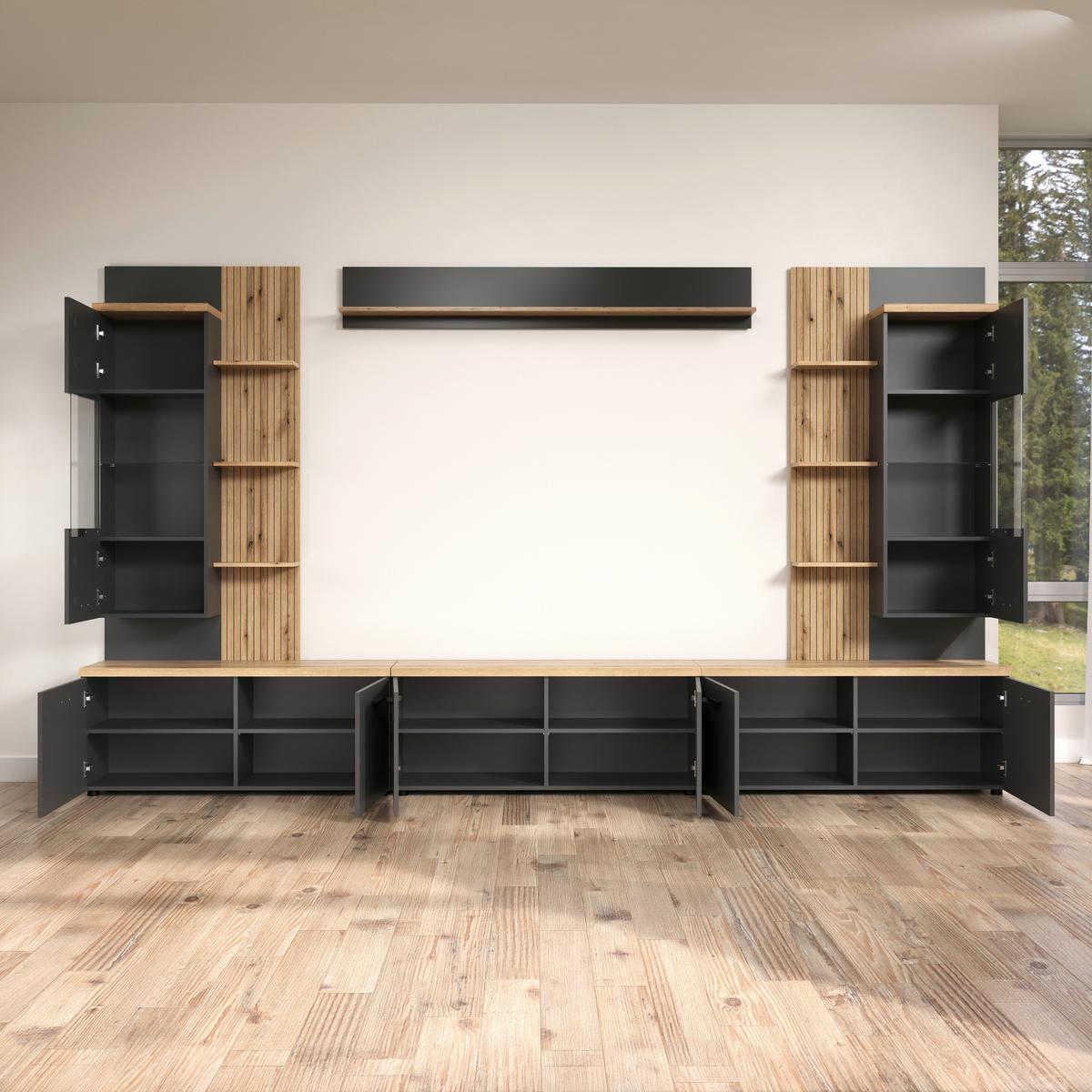 Wohnwand Baggio Anthrazit/Eichefarben B: 360cm - Eichefarben/Anthrazit, Design, Glas/Holzwerkstoff (360/212/40cm) - MID.YOU