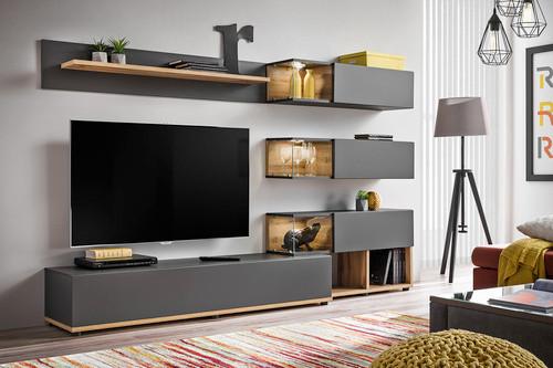 Wohnwand Modern 5 Tlg. Silk Wotaneiche Dekor/Anthrazit - Eichefarben/Anthrazit, MODERN, Glas/Holzwerkstoff (240/150/40cm) - Livetastic