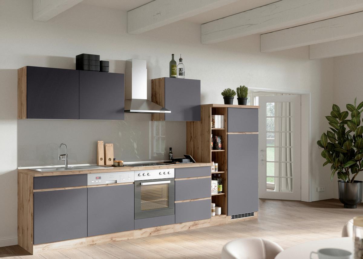 Küchenzeile Turin mit Geräte B: 330cm Grau/Wotaneiche Dekor - Eiche Wotan/Grau, Design, Holzwerkstoff (330cm) - Held