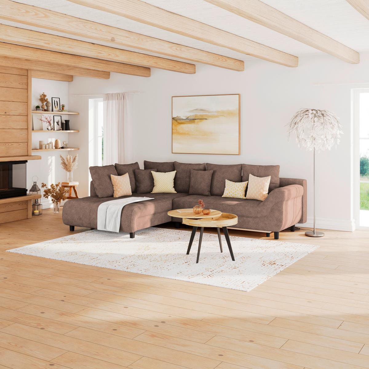 Ecksofa Mendoza - Dunkelbraun/Schwarz, Design, Textil (197/309cm) - Ondega