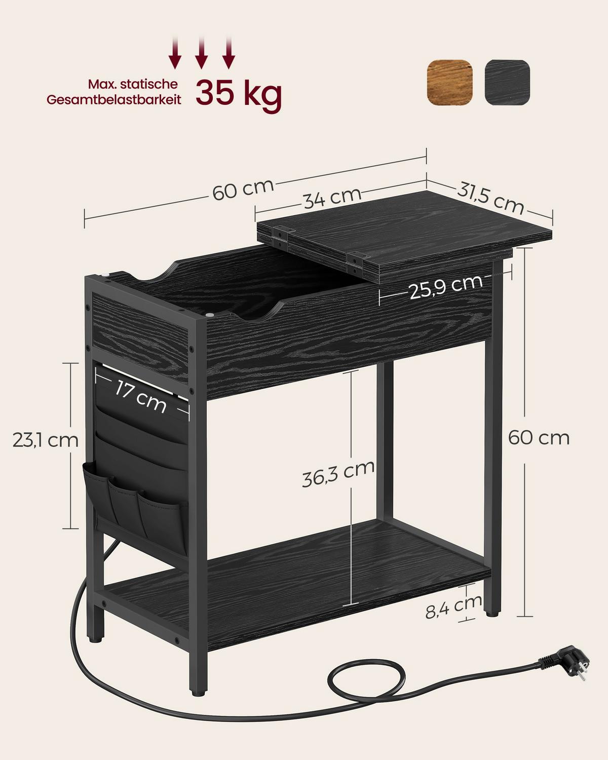 Beistelltisch Schwarz B: 60 Cm - Schwarz, Trend, Holzwerkstoff/Textil (60/60/31,5cm) - MID.YOU