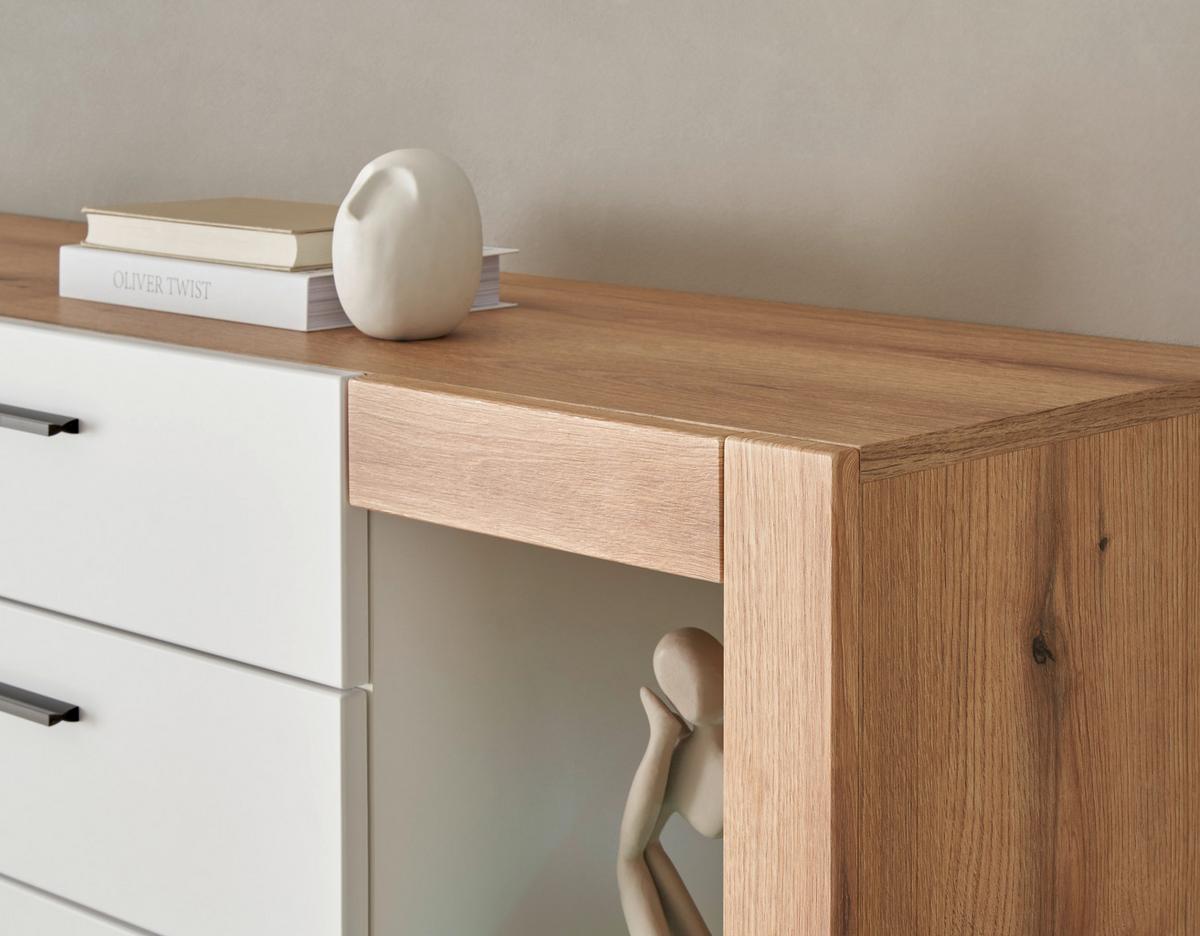 Highboard Brixen Weiß/Eichefarben B: 141cm - Eichefarben/Weiß, Design, Glas/Holzwerkstoff (141/139/37cm) - MID.YOU