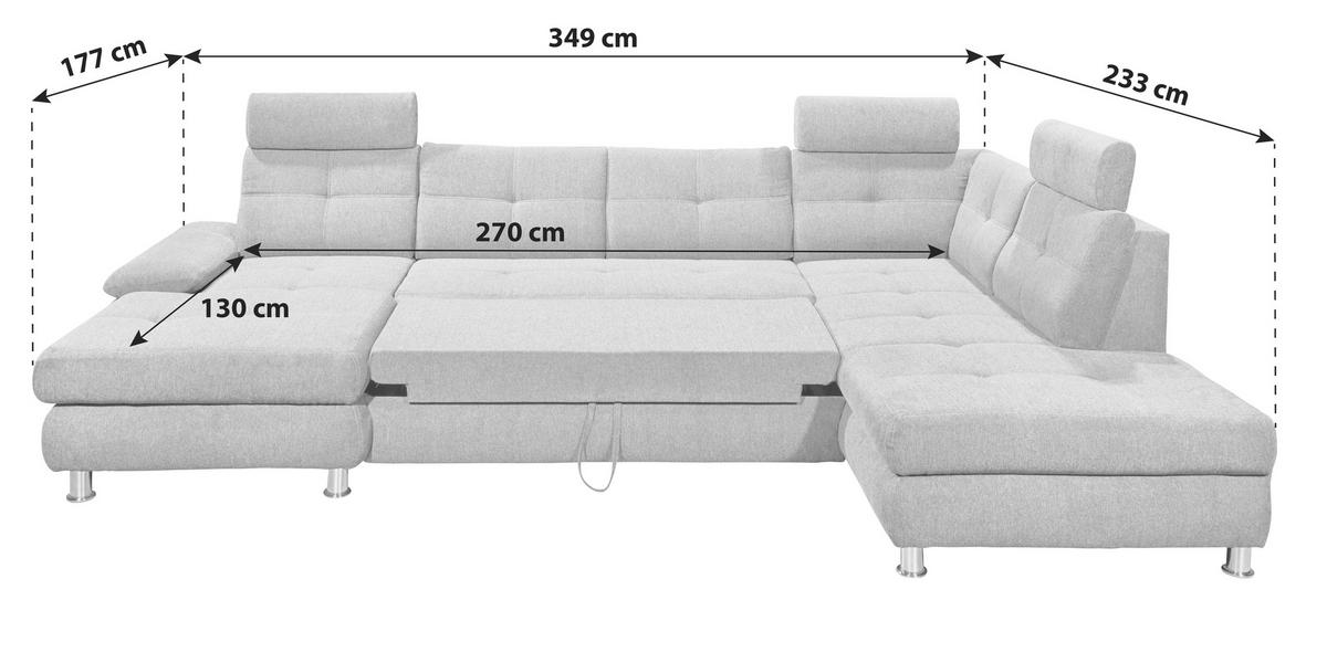 Sedací souprava ALBA U, pravá, stříbrná, úl.prostor, lůžko - barvy stříbra, Moderní, textil/plast (177/349/233cm) - MID.YOU