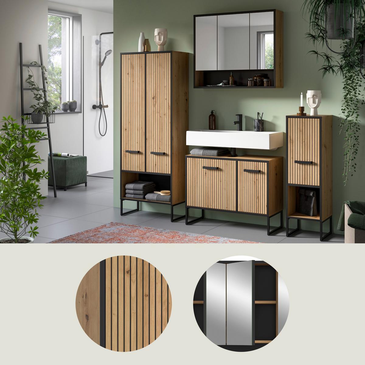 Badezimmer Bagno Schwarz /Eiche Artisan Dekor B: 169cm - Schwarz/Eiche Artisan, Trend, Glas/Holzwerkstoff (169cm) - MID.YOU