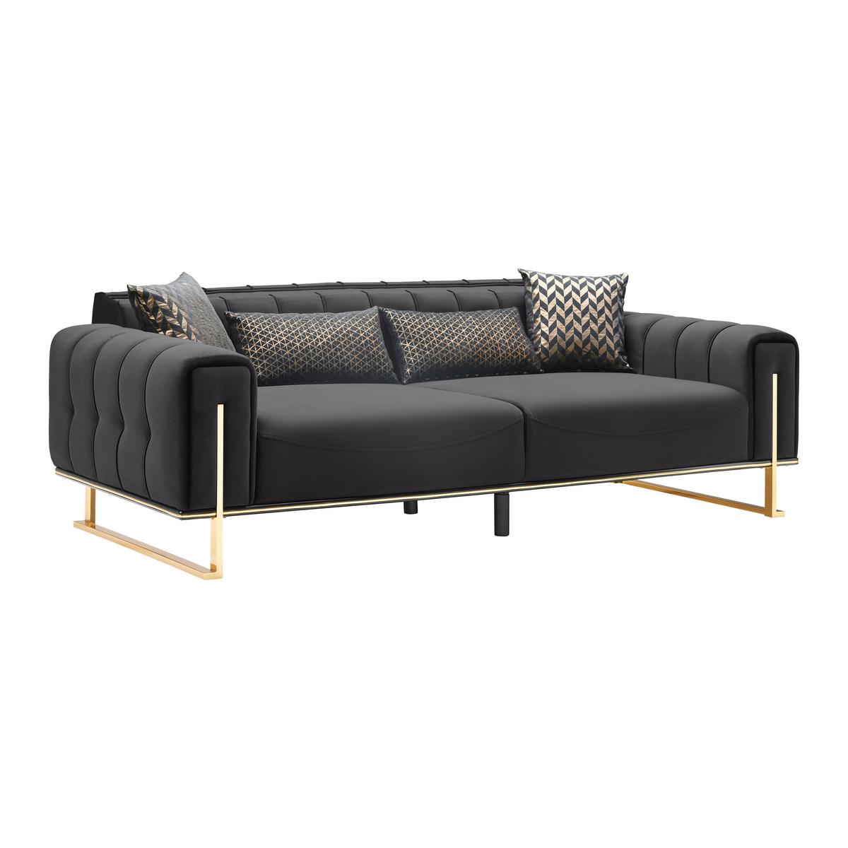 Trojmiestna pohovka AILE, čierny zamat, s vankúšmi - čierna/zlatá, Lifestyle, textil (244/80/90cm) - Mömax