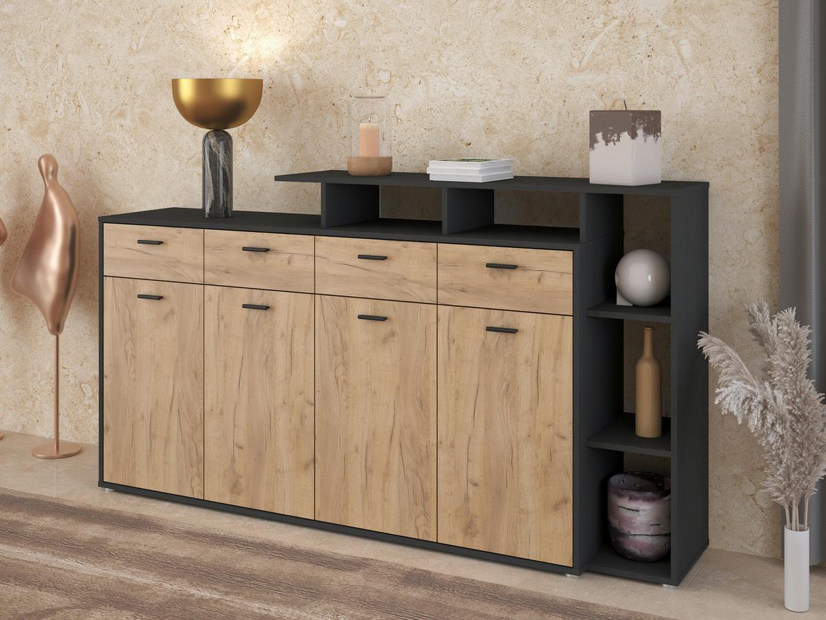 Kommode mit Aufsatz B 190cm Tom, Eiche Dekor/Anthrazit - Anthrazit/Eiche Artisan, MODERN, Holz (190/105/40cm)