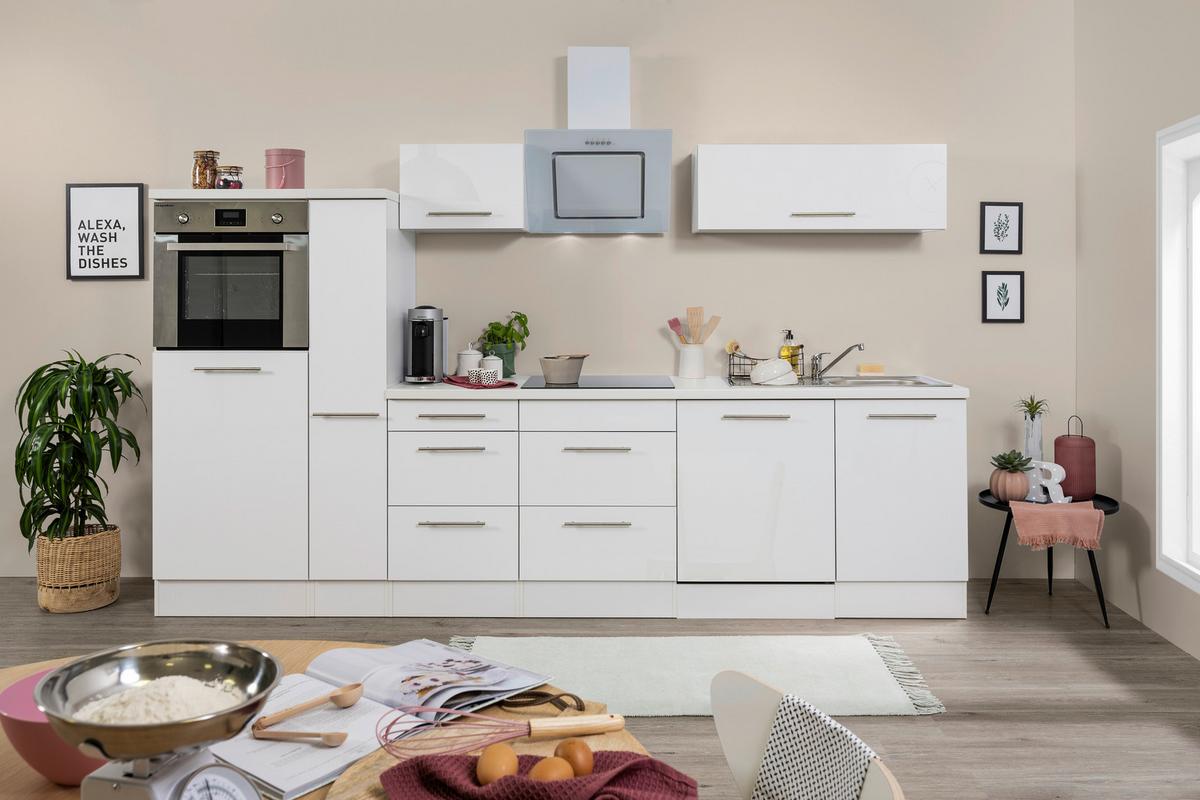 Küchenzeile mit Geräten 310 cm Weiß Hochglanz - Weiß, KONVENTIONELL, Holzwerkstoff (310cm) - Respekta