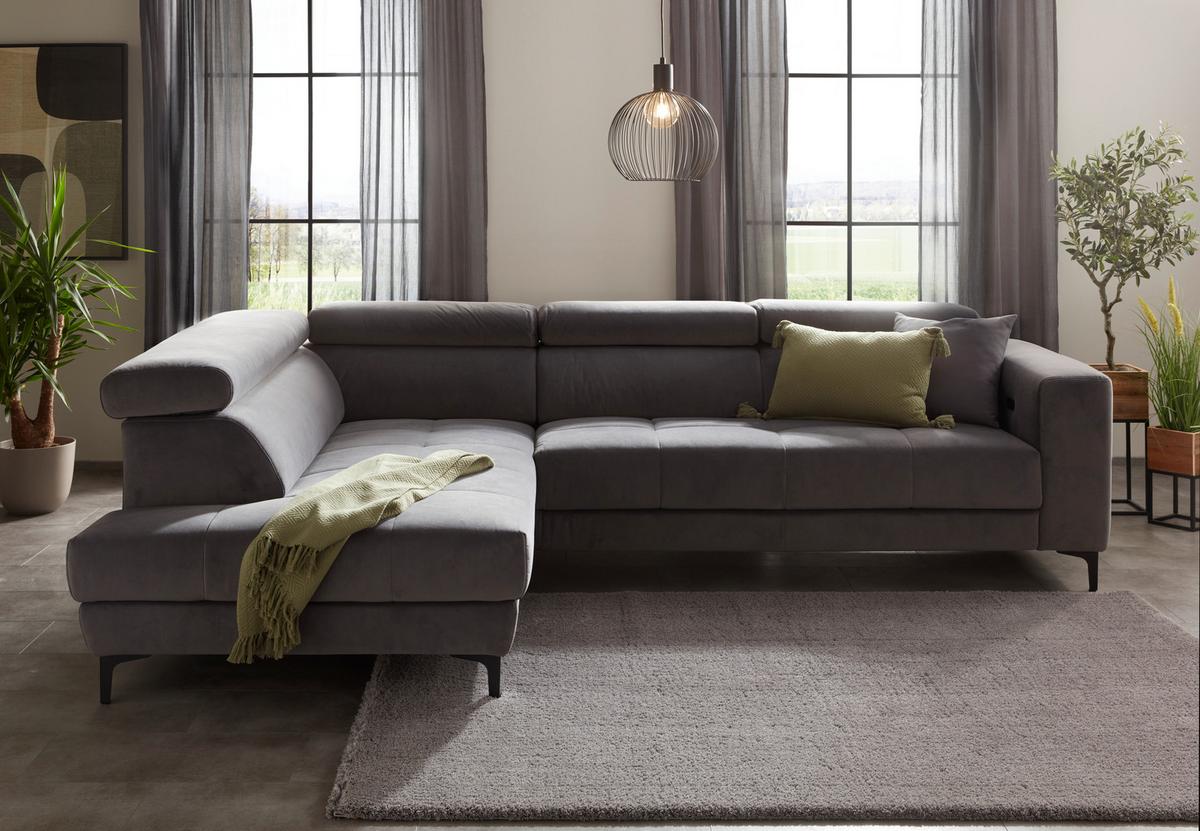 Rohová sedačka EMMA, ľavá, sivá,nast.op.hl,USB,el.výsuv - čierna/sivá, Modern, textil (210/301cm) - Premium Living