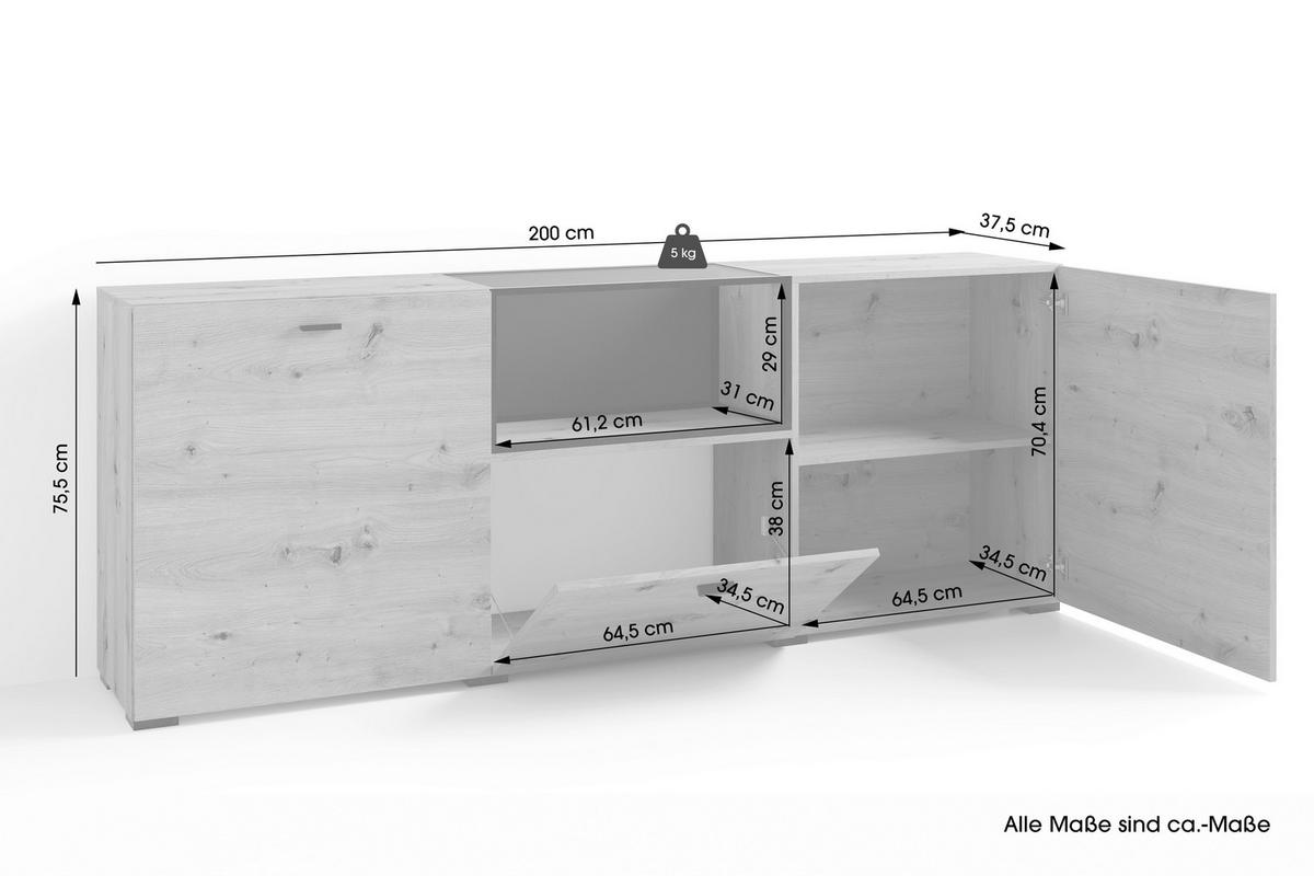 Sideboard Frame Eiche Artisan/Schwarz B: 200cm - Schwarz/Eiche Artisan, Design, Holzwerkstoff (200/75,5/37,5cm) - MID.YOU