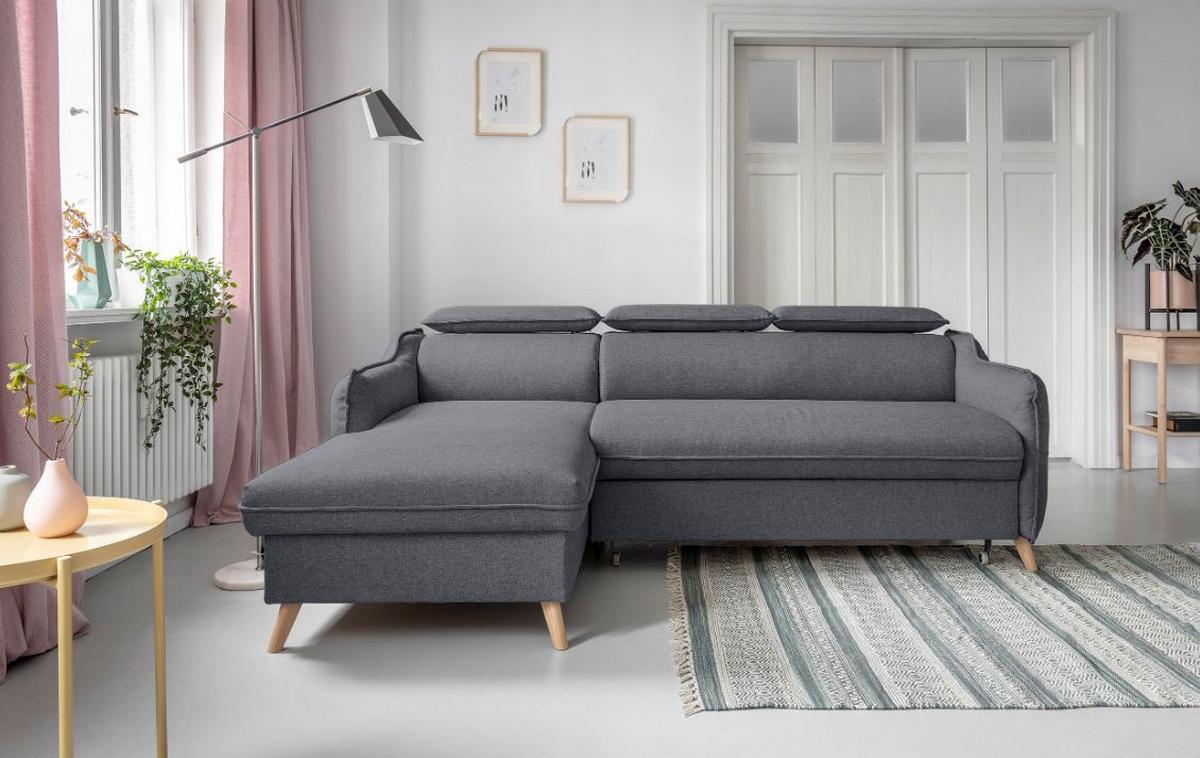 Rozkladacia sedačka Simone, ľavé prevedenie - sivá/prírodná farba, Modern, drevo/textil (228/82/95/162cm)