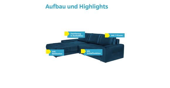 Ecksofa mit Schlaffunktion + Bettkasten Adria, Samt - Dunkelblau, MODERN, Textil (213/308cm) - Luca Bessoni