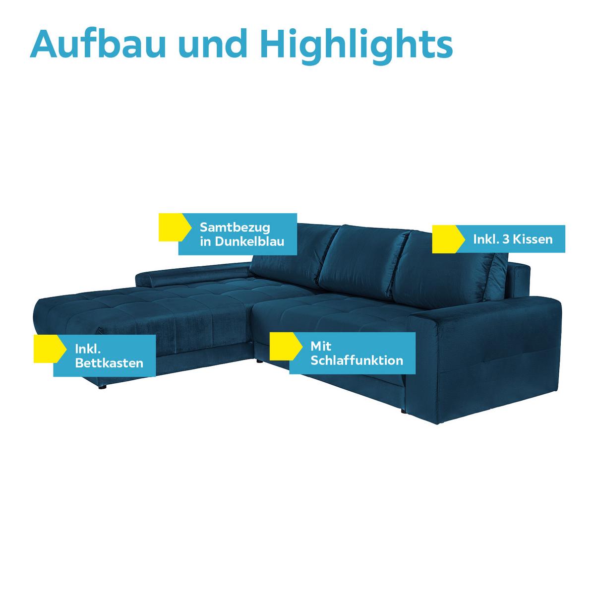 Ecksofa Mit Schlaffunktion + Bettkasten Adria Dunkelblau - Dunkelblau, MODERN, Textil (213/308cm) - Luca Bessoni
