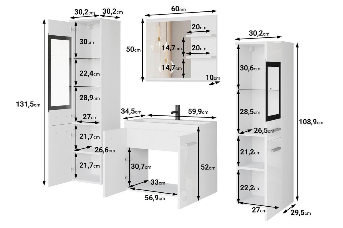 Badezimmer Madrit-Set 5-tlg weiß/weiß HG, B: 120,4 cm - Weiß Hochglanz/Weiß, LIFESTYLE, Glas/Keramik (120,4/131,5/34,5cm) - P & B
