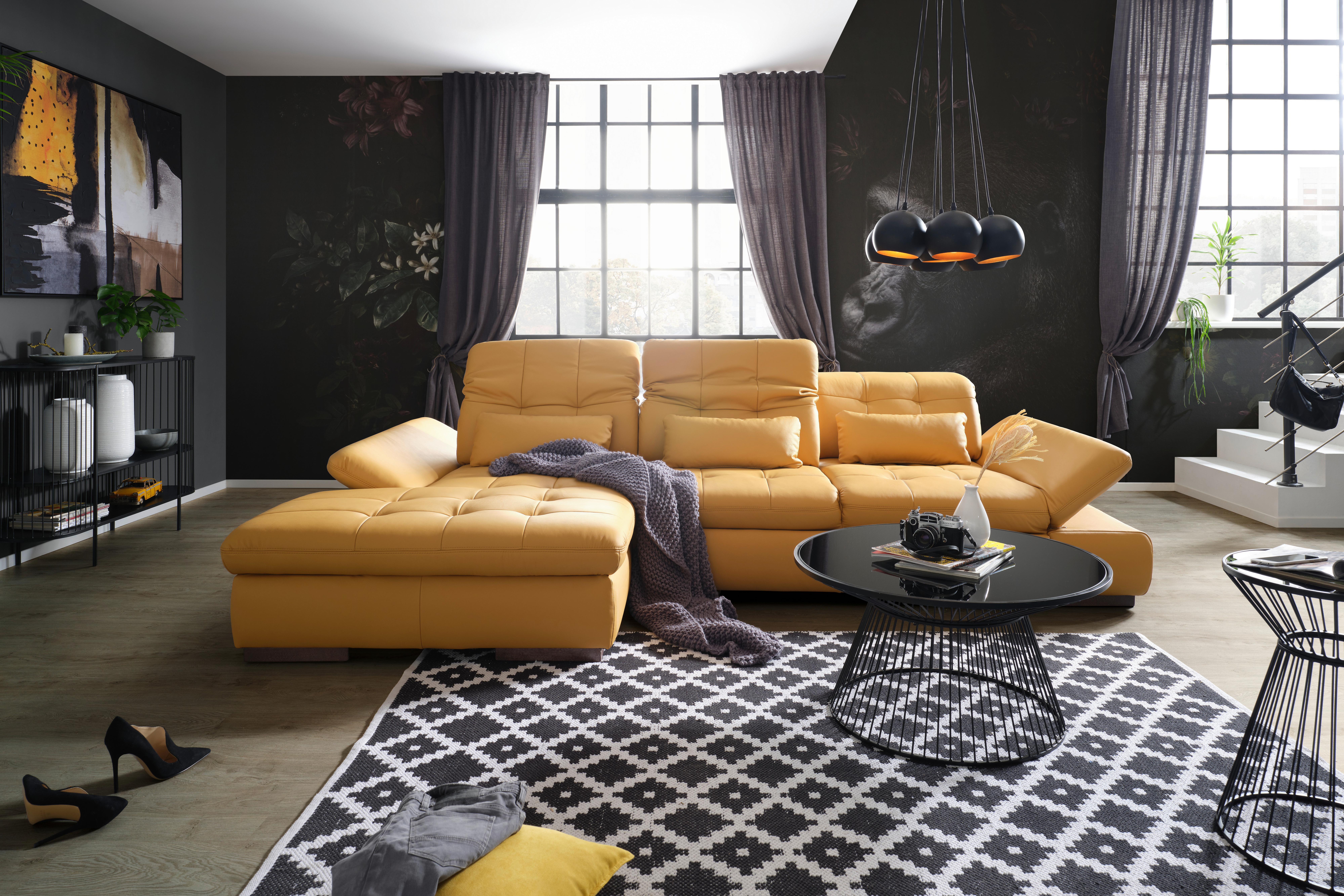 Rohová sedačka SANFINO, levá, kari žlutá pravá kůže - curry žlutá/barvy chromu, Konvenční, kov/kůže (199/305cm) - Premium Living