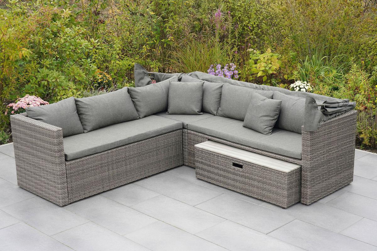 Loungegarnitur 3-tlg. Sanmarco Holz/metall/textil Mit Kissen - Hellgrau/Grau, KONVENTIONELL, Holz/Kunststoff (250/150/168cm) - Gardenson