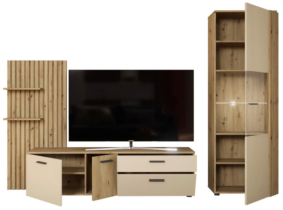 Wohnwand Gatwick Eiche Artisan Dekor B: 280 cm - Creme/Schwarz, MODERN, Glas/Holzwerkstoff (280/180/38cm)
