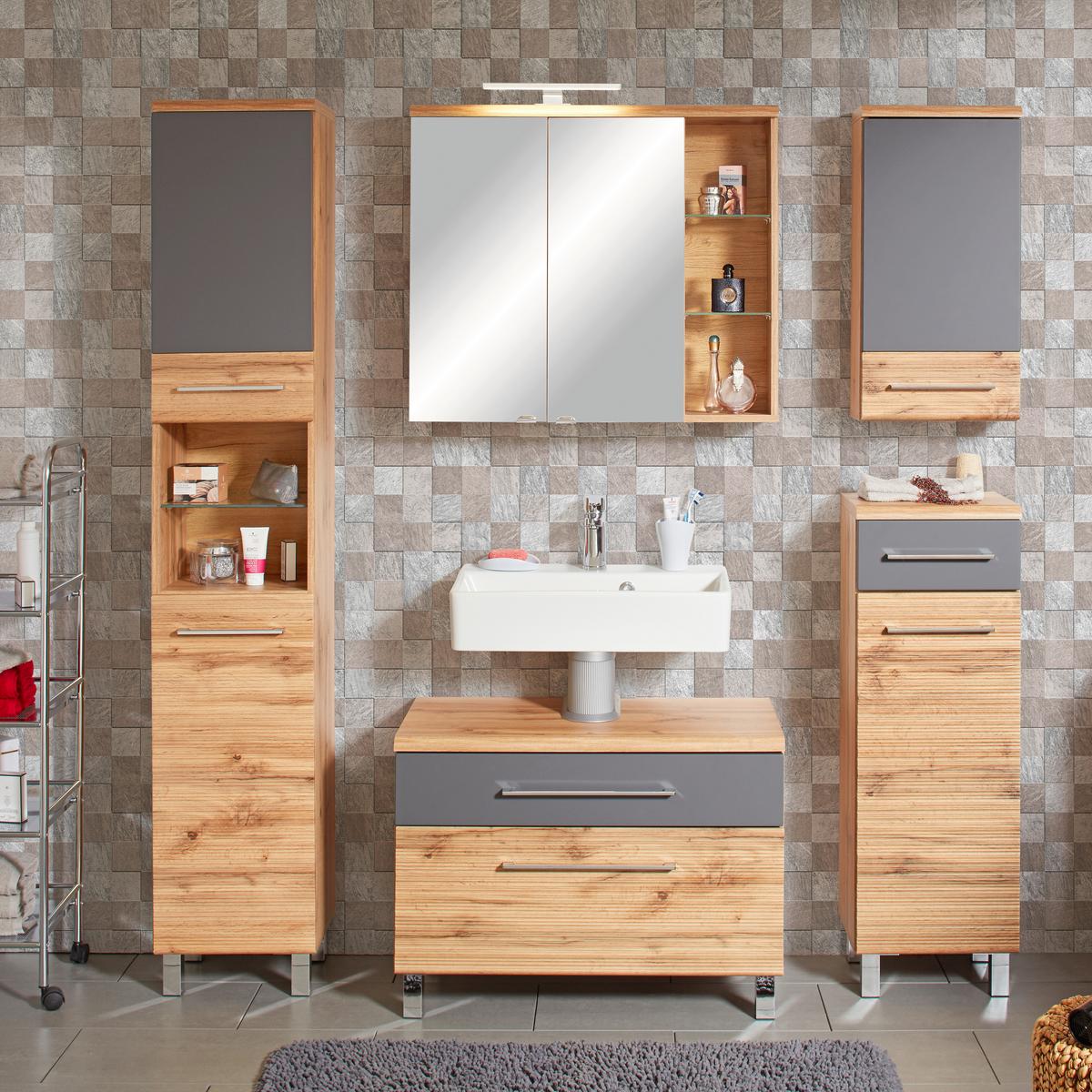 ZRCADLOVÁ SKŘÍŇKA FLOAT -EXKLUSIV- - barvy dubu/barvy chromu, Moderní, kov/kompozitní dřevo (80/70/23cm) - Premium Living