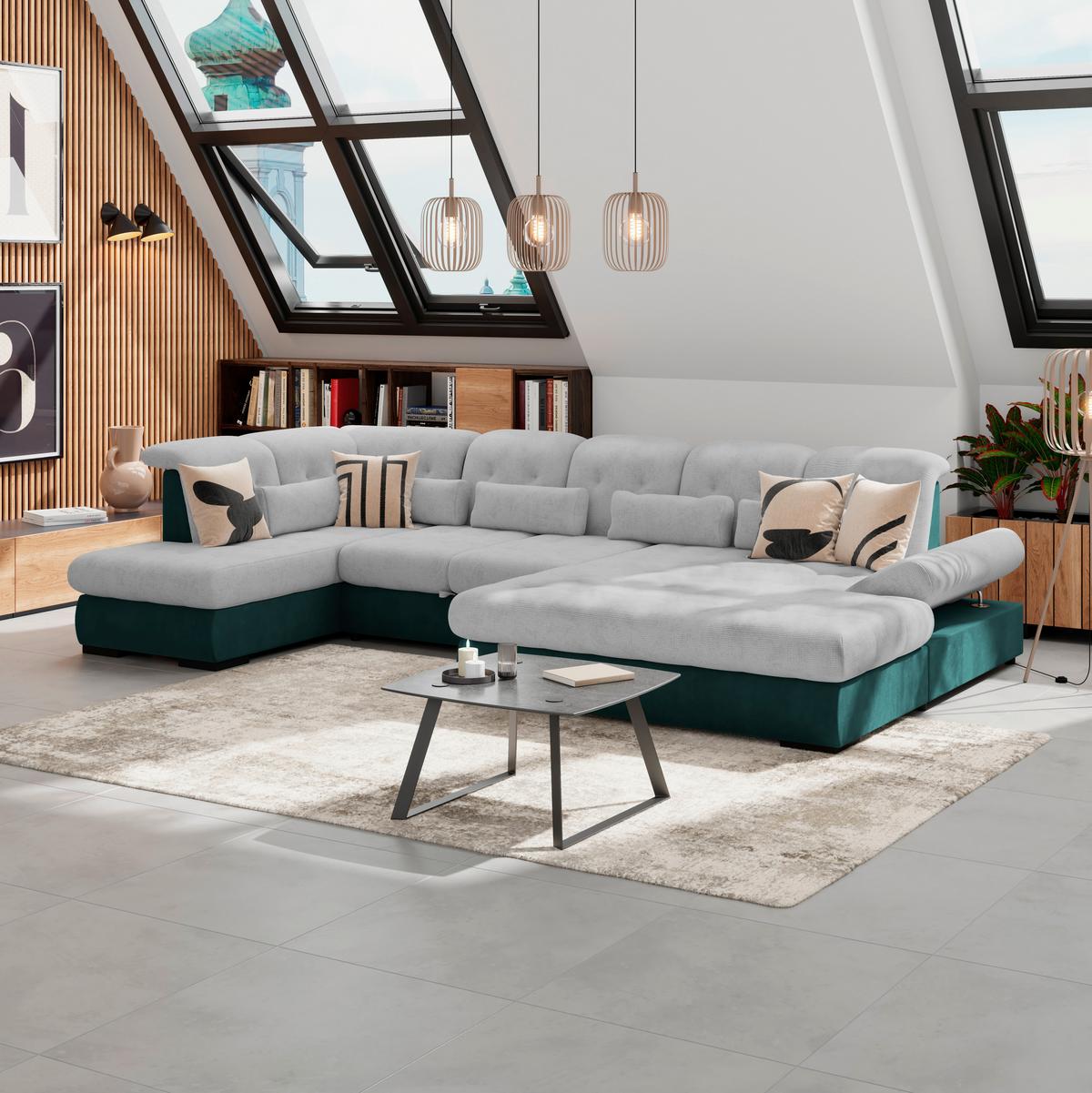 Wohnlandschaft Madera Silberfarben S: 212x358 Cm - Türkis/Silberfarben, KONVENTIONELL, Kunststoff/Textil (212/358/190cm)