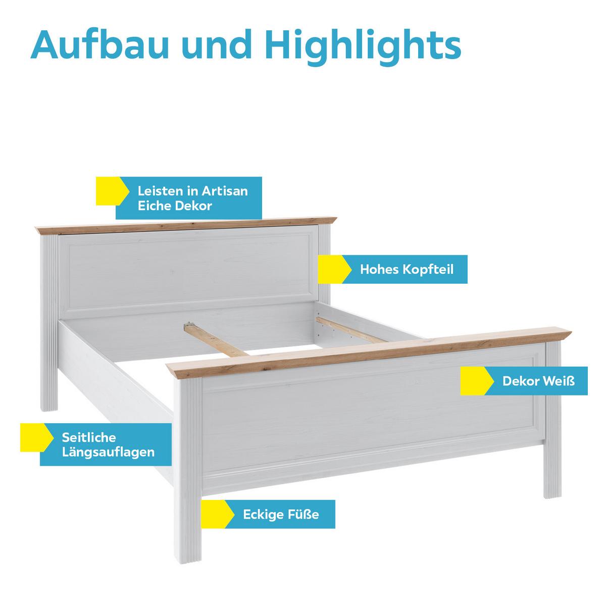Doppelbett Landhaus-Stil 160x200 Jasmin II Weiß/Eiche - Schwarz/Weiß, LIFESTYLE, Holzwerkstoff (160/200cm)