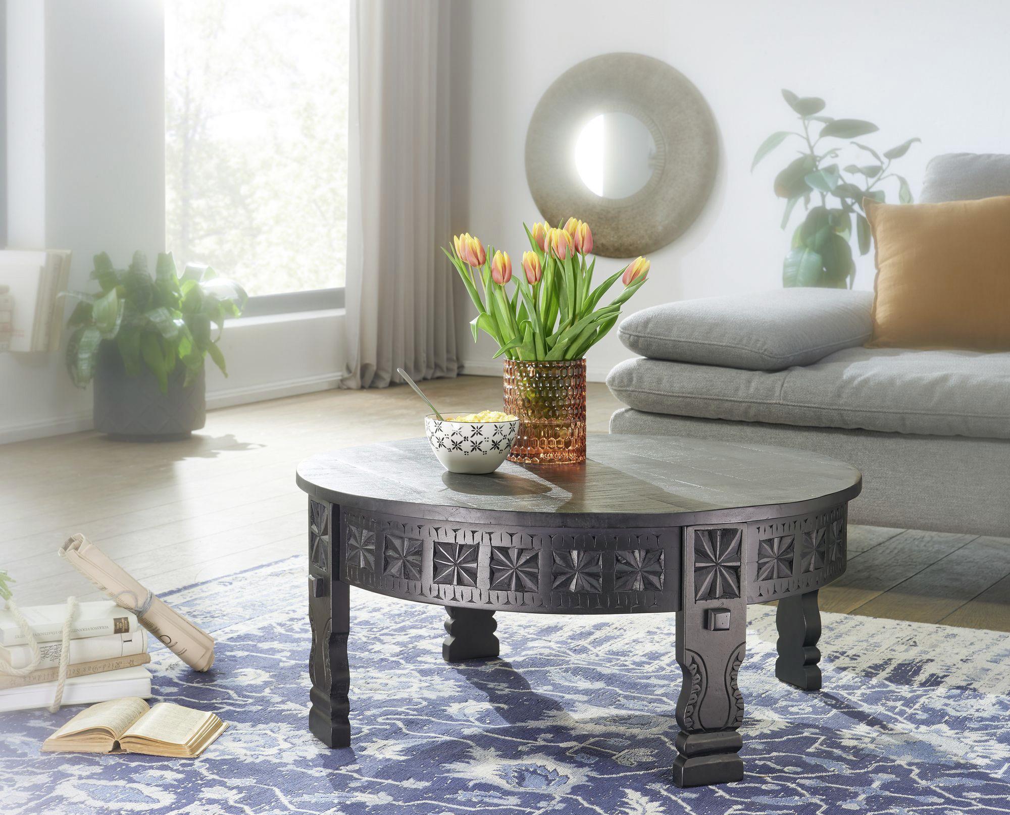 Couchtisch Holz Massiv Mit Schnitzereien Wohnling Schwarz - Schwarz, MODERN, Holz (80/80/36cm) - MID.YOU