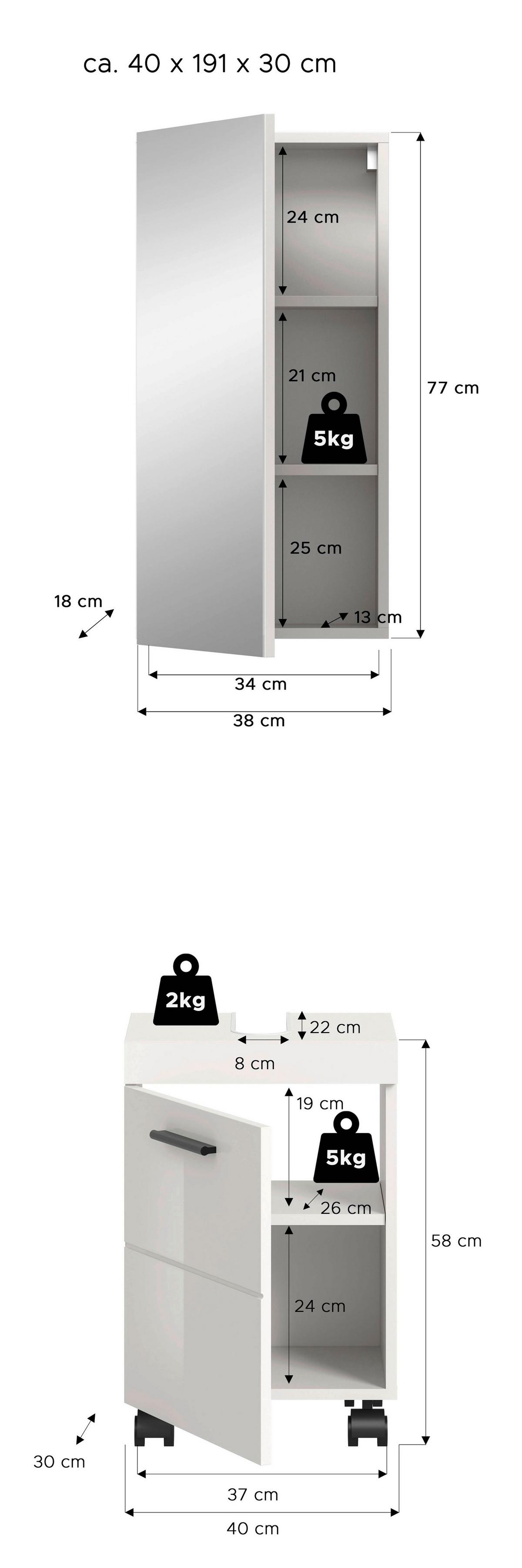 Badezimmer Nova Weiß B: 40cm - Weiß Hochglanz/Schwarz, Trend, Glas/Holzwerkstoff (40cm) - MID.YOU
