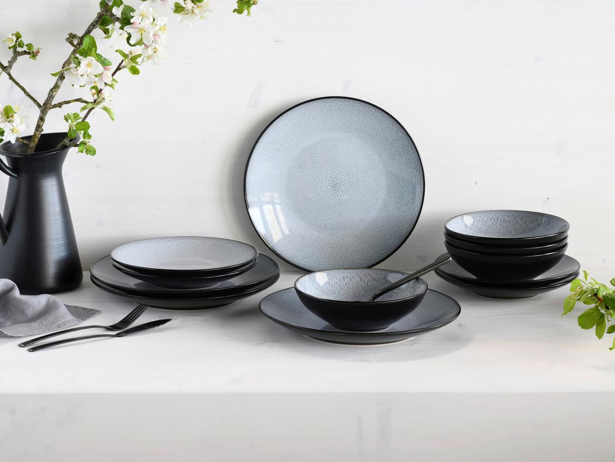 Tafelservice Malmö Schwarz, Grauweiß 12--Teilig - Grauweiß/Schwarz, Basics, Keramik - Creatable