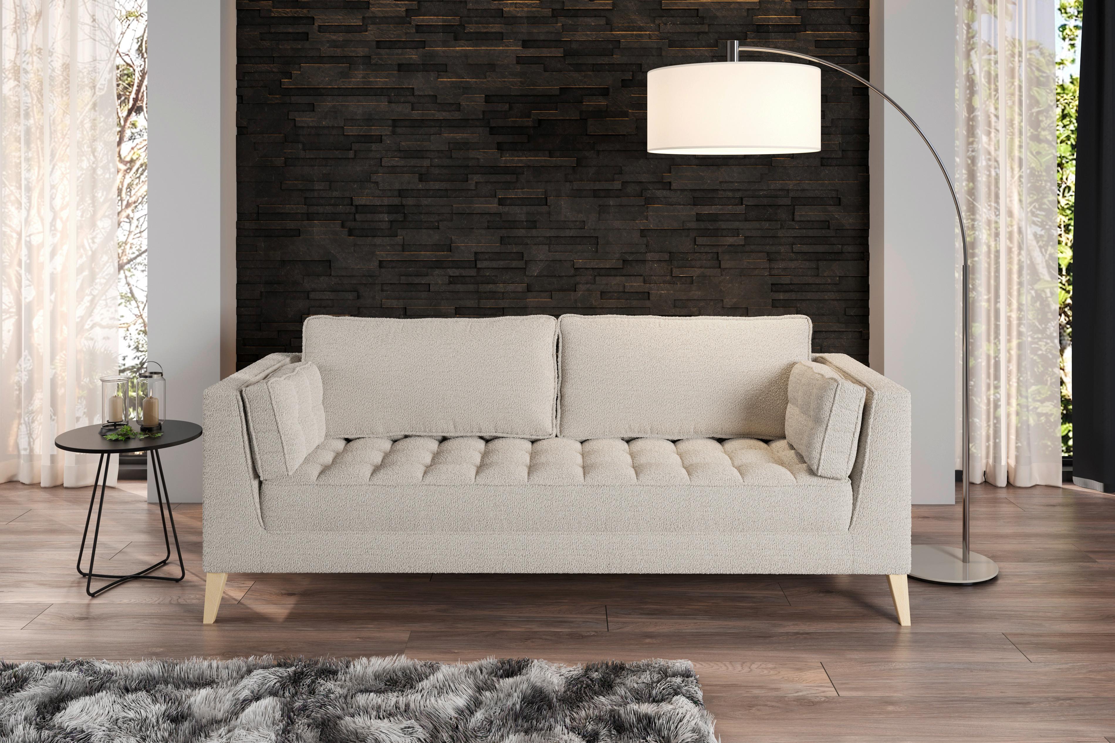 Třímístná pohovka DOTI, bílá - bílá/přírodní barvy, Design, kompozitní dřevo/textil (170/95/85cm) - MID.YOU