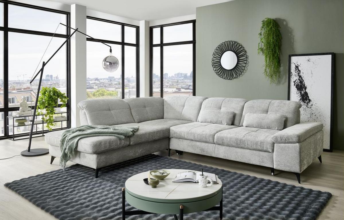 Sedačka SORENA L, ľavá, sv.sivá ženilka, bez funkcií - čierna/svetlosivá, Modern, kov/textil (255/311cm) - Premium Living