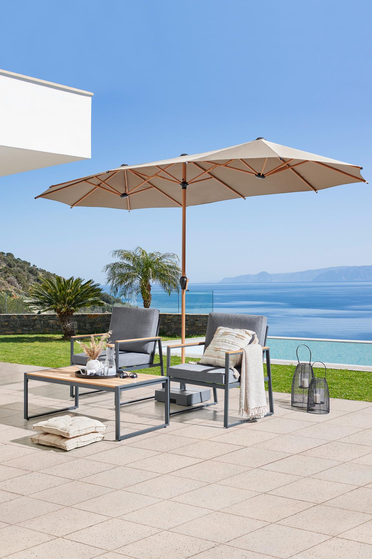 Doppelsonnenschirm Miami Bht: 208x400x236 Cm Taupe - Graubraun/Braun, MODERN, Textil/Metall (208/400/236cm) - Beldano