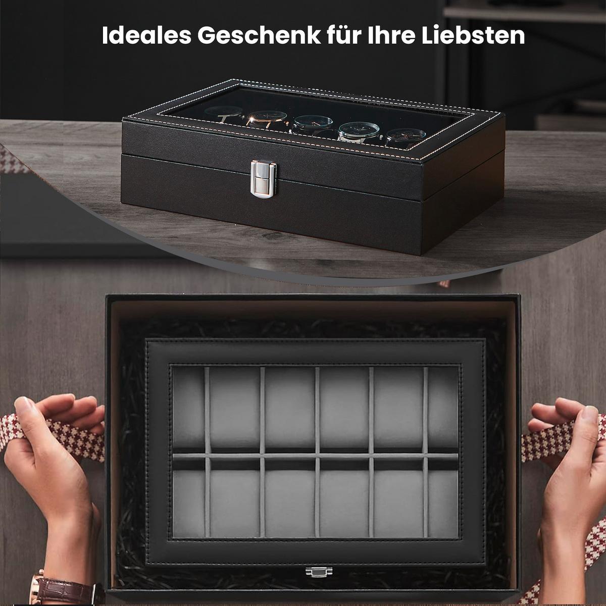 Uhrenbox Schwarz B: 30,2 cm - Schwarz, Basics, Glas/Holzwerkstoff (30,2/7,8/20,2cm)