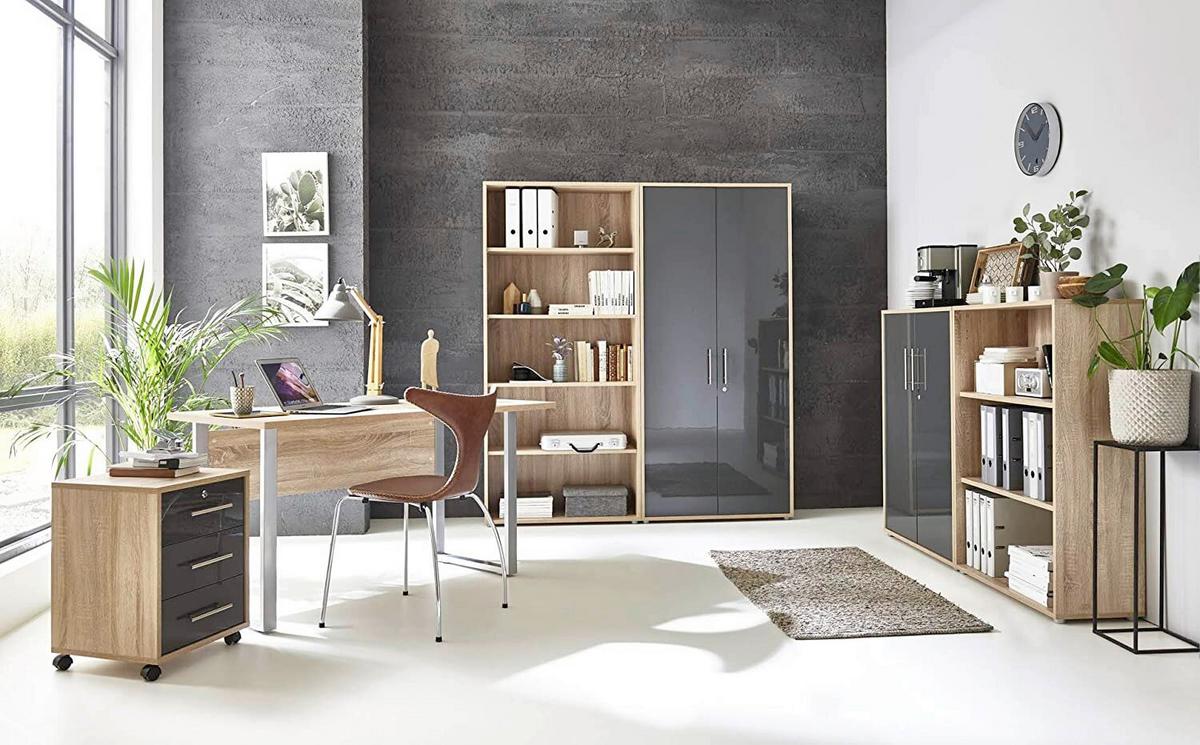 Büro Office Edition Eiche Dekor/anthrazit Hg - Anthrazit Hochglanz/Sonoma Eiche, MODERN, Holzwerkstoff/Metall - MID.YOU