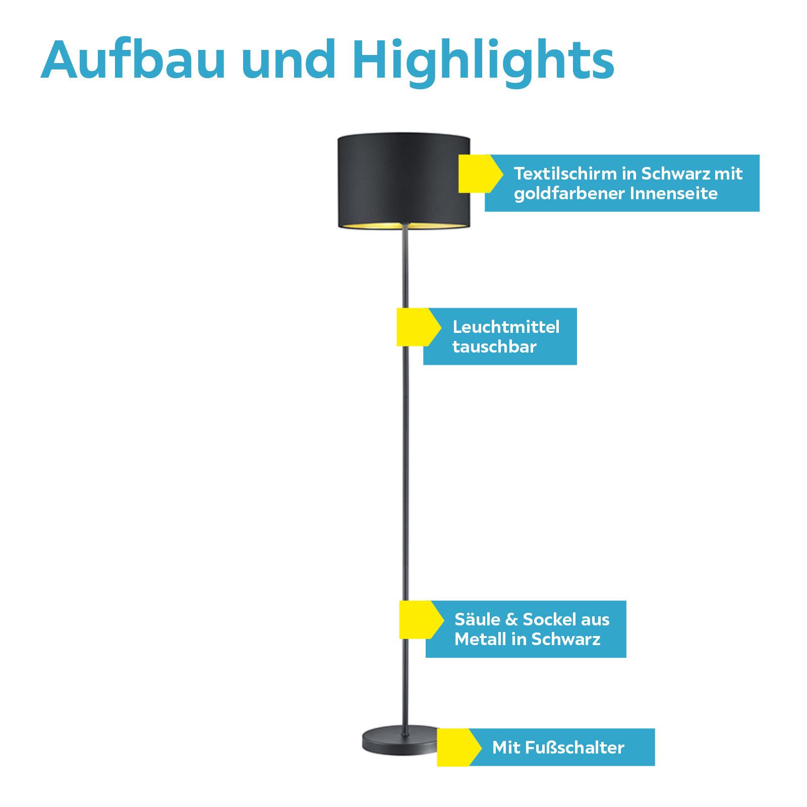 Stehlampe Schwarz/Goldfarben mit Fußschalter, Textilschirm - Goldfarben/Schwarz, Basics, Textil/Metall (35/160cm) - Trio Leuchten