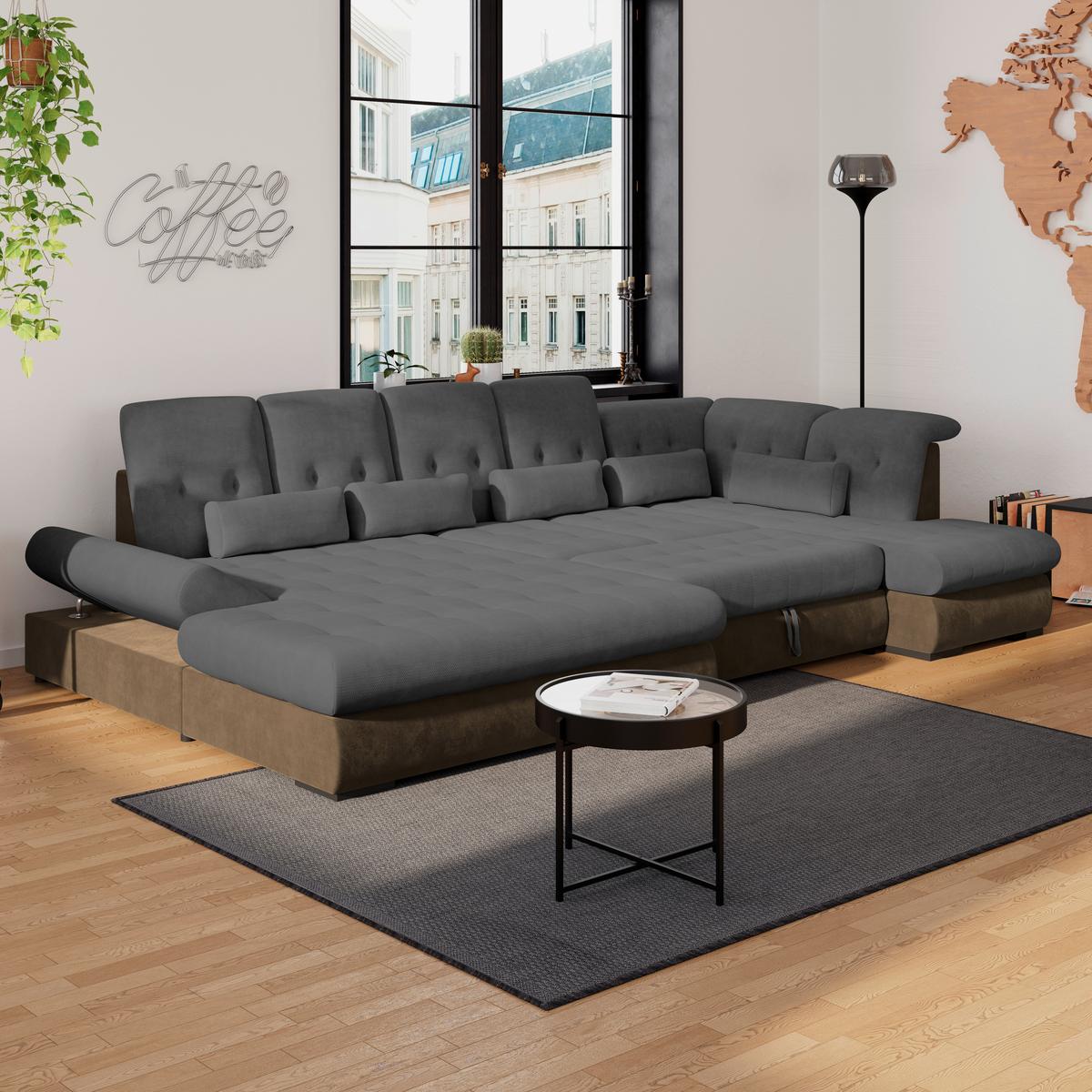 Wohnlandschaft Madera Anthrazit S: 358x312 cm - Hellbraun/Anthrazit, KONVENTIONELL, Kunststoff/Textil (190/358/212cm)