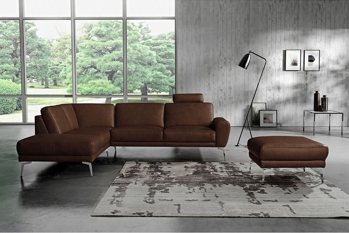 Ecksofa Spring D. Braun Schwarz, S: 250 cm - Chromfarben/Dunkelbraun, Design, Leder (250/273cm) - Livetastic