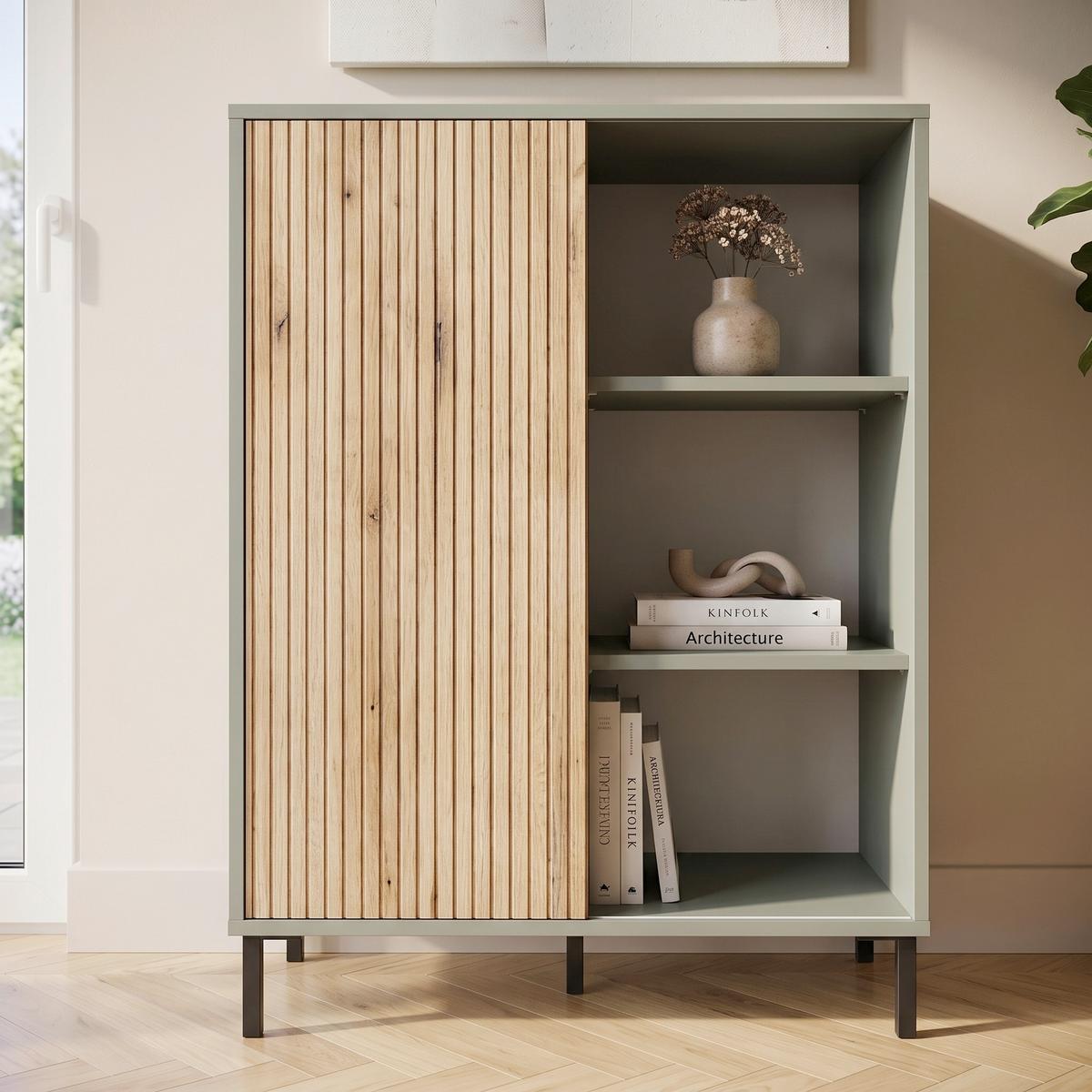 Kommode Pozzi Graugrün/Eichefarben B: 75 cm - Eichefarben/Schwarz, Trend, Holzwerkstoff (75/105,2/40cm)