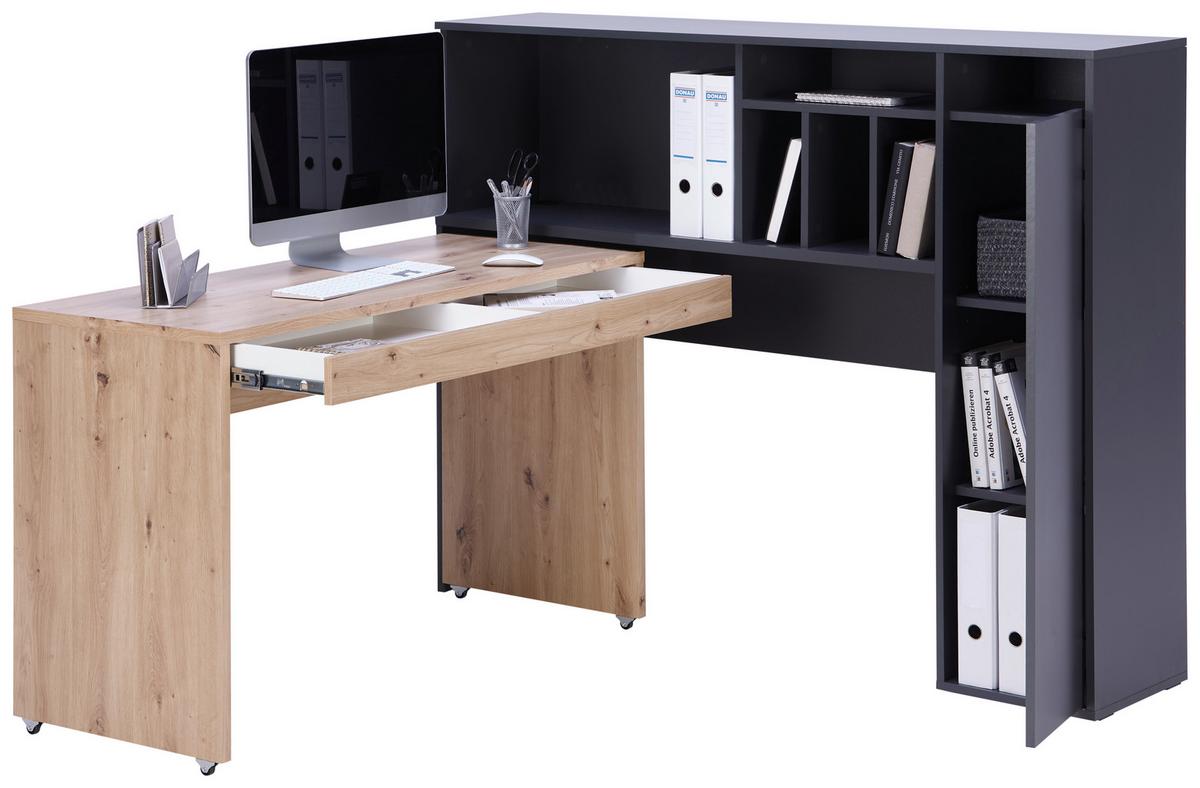 Schreibtisch mit Stauraum B: 150 cm Anthrazit/Eiche Dekor - Anthrazit/Eiche Artisan, MODERN, Holzwerkstoff (150/118,7/52,8cm)