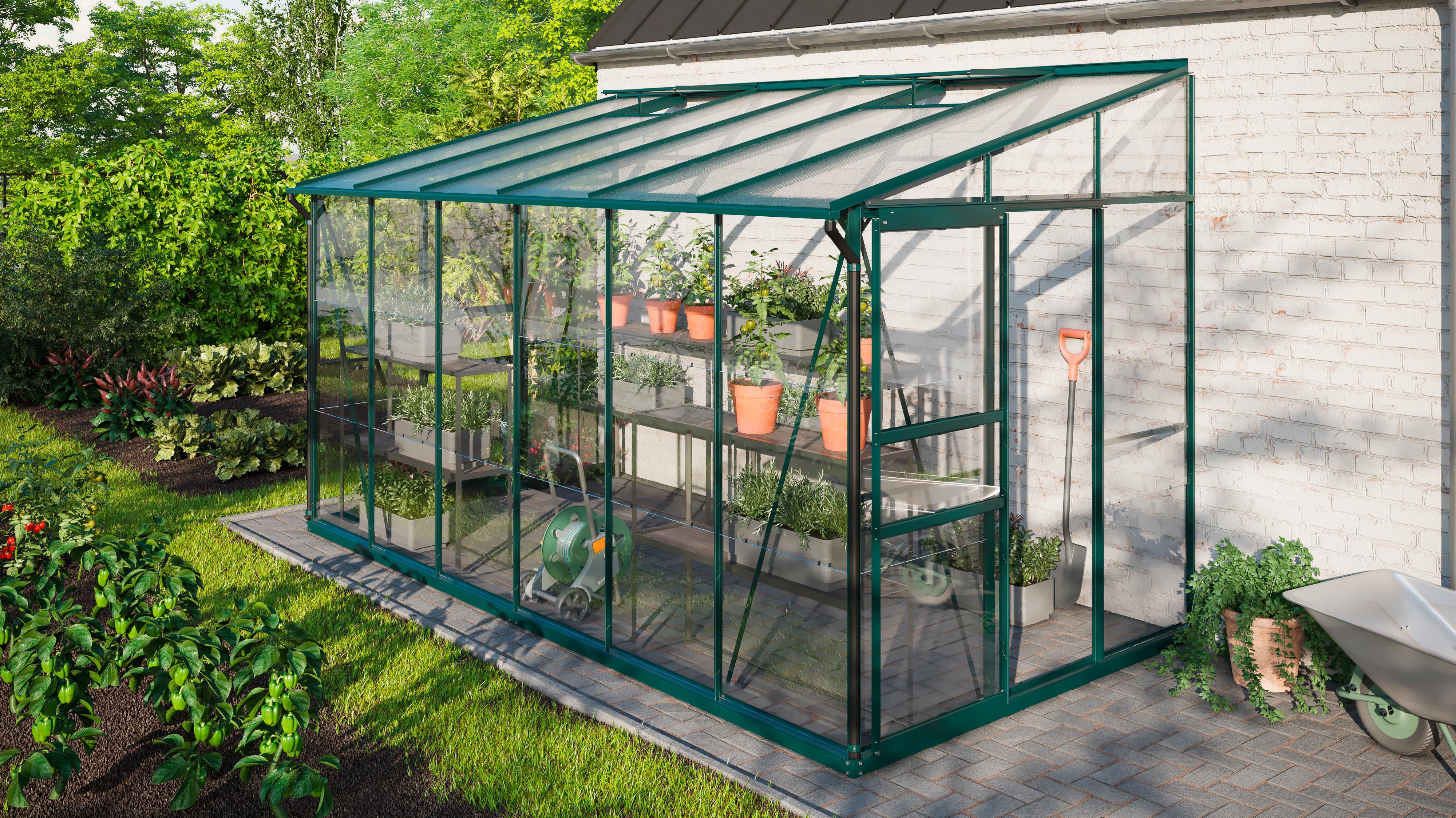 Anlehn-Gewächshaus mit Pultdach und Aluminiumgestell in Smaragdgrün