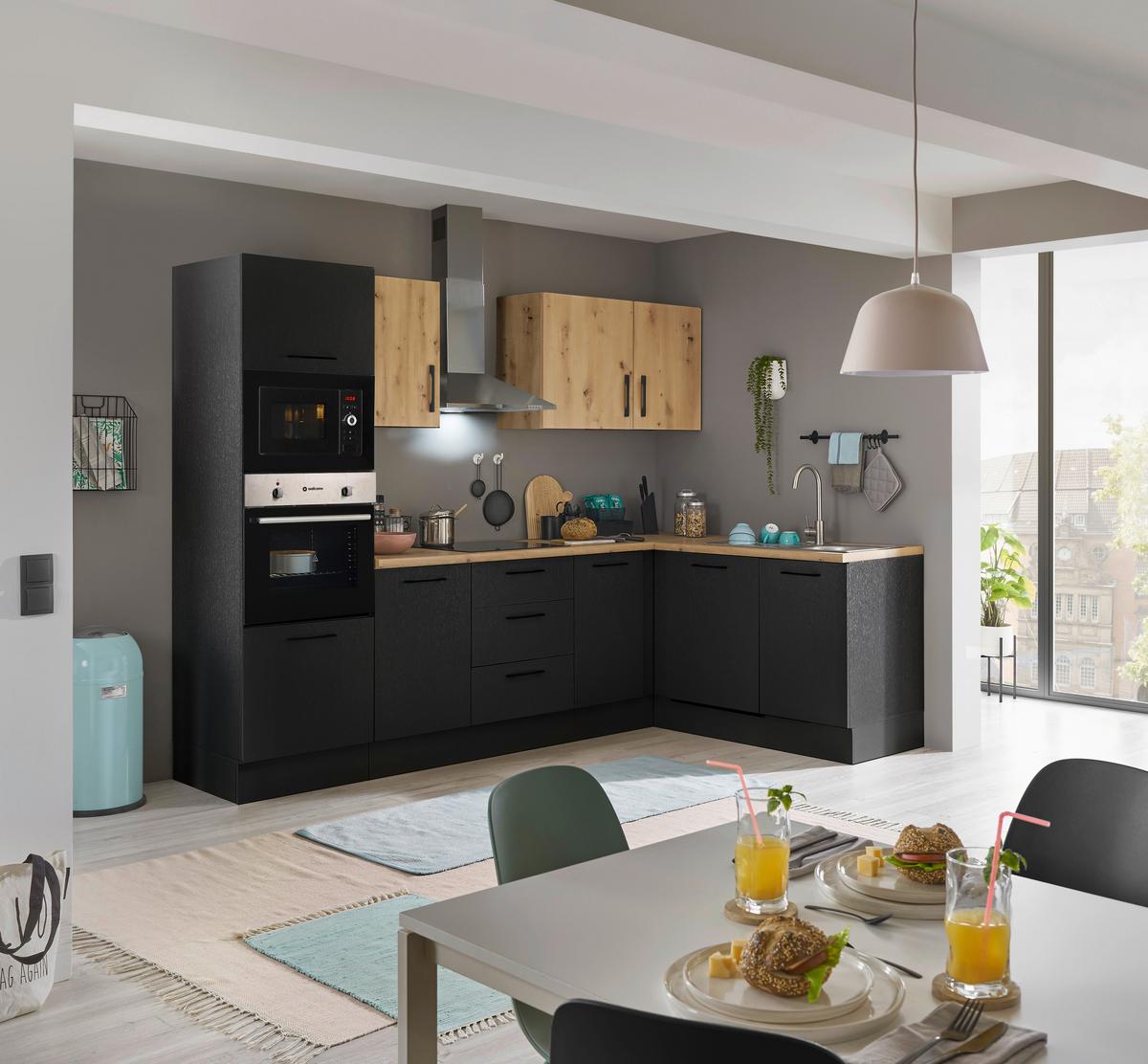 Eckküche Turin Schwarz/Eiche Dekor 280x175 cm - Schwarz/Eiche Artisan, Basics, Holzwerkstoff (280/175cm) - MID.YOU