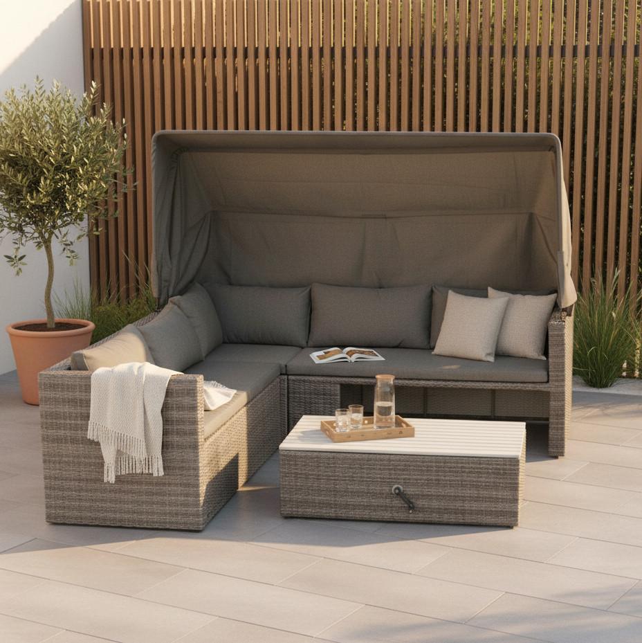 Loungegarnitur 3-tlg. Sanmarco Holz/metall/textil Mit Kissen - Hellgrau/Grau, KONVENTIONELL, Holz/Kunststoff (250/150/168cm) - Gardenson