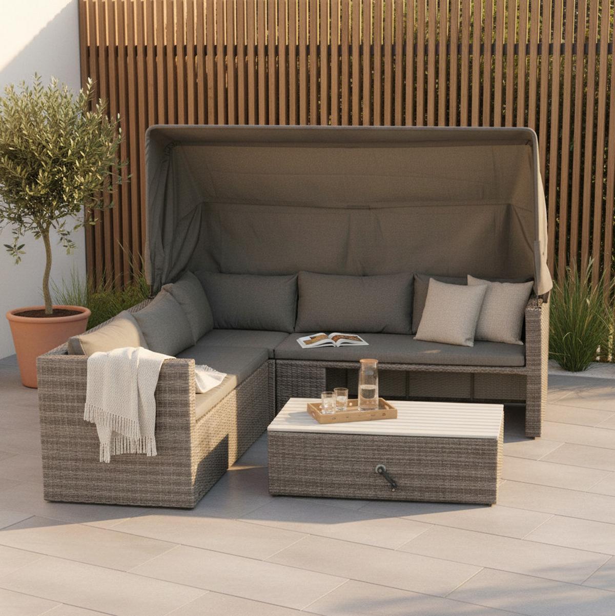 Loungegarnitur 3-tlg. Sanmarco Holz/metall/textil Mit Kissen - Hellgrau/Grau, KONVENTIONELL, Holz/Kunststoff (250/150/168cm) - Gardenson