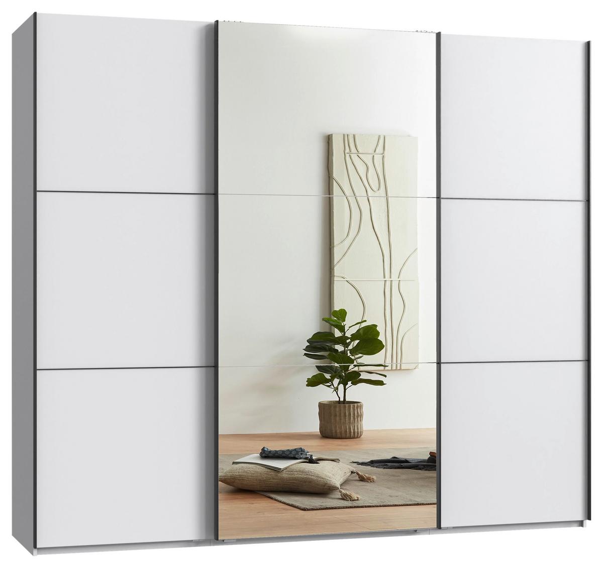 Schwebetürenschrank Indian A Weiß Dekor/spiegel, B:250cm - Weiß, KONVENTIONELL, Glas/Holzwerkstoff (250/216/65cm)