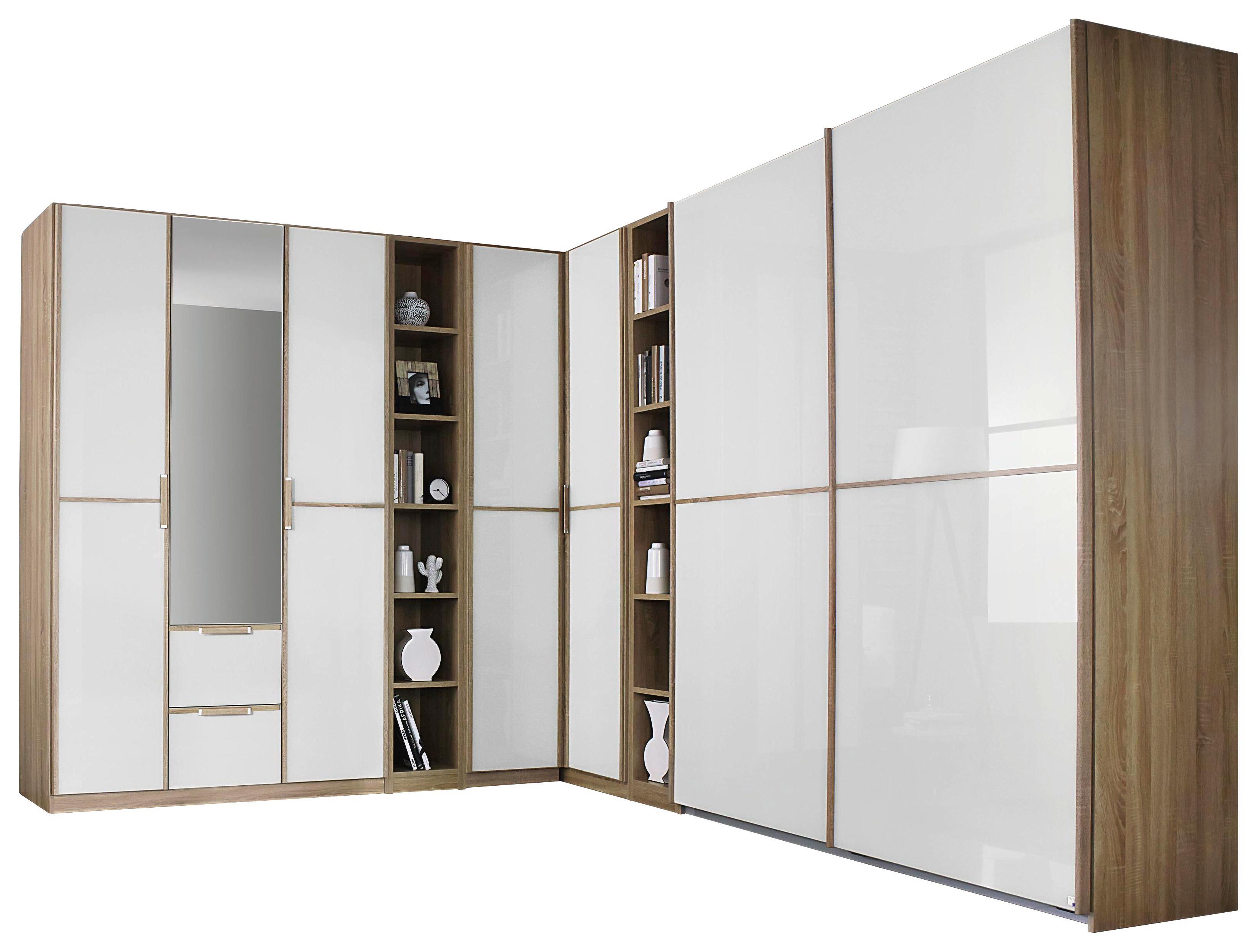 Großer Eck-Kleiderschrank mit weißer Glasfront