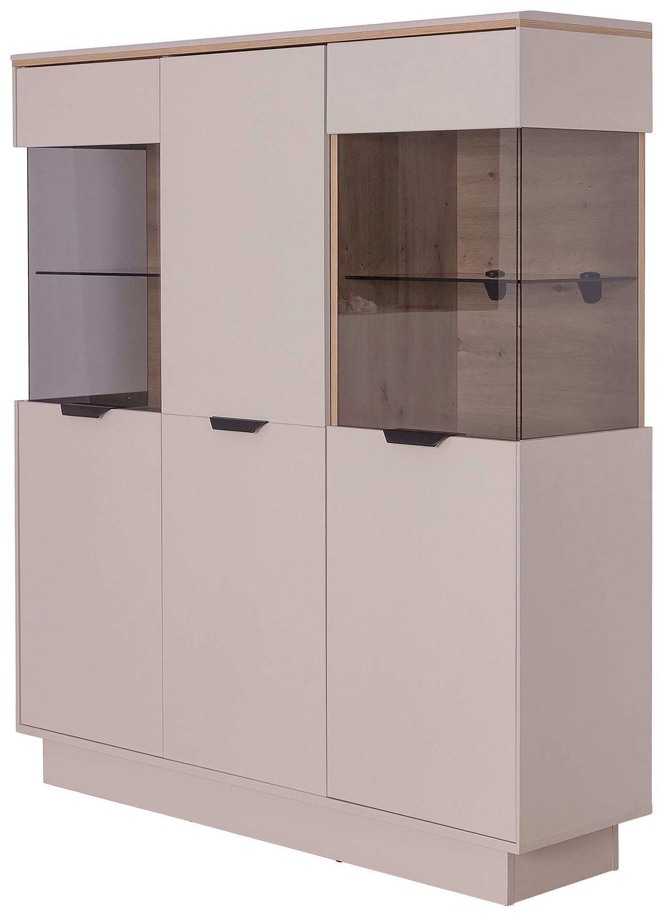 Highboard Darius Eiche Artisan/kashmir,b:132cm - Kaschmir/Schwarz, Trend, Glas/Holzwerkstoff (132/148,3/37cm)